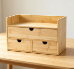 Mini Bamboo Desktop Drawer Organizer, No-Assembly Tabletop Storage Box with Shelf, 3-Drawer Multifunctional Storage Case for Home Office Cosmetics Daily Sundries