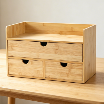 Mini Bamboo Desktop Drawer Organizer, No-Assembly Tabletop Storage Box with Shelf, 3-Drawer Multifunctional Storage Case for Home Office Cosmetics Daily Sundries