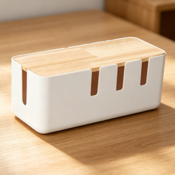 Wooden Lid Cable Management Organizer Box, Multifunctional Wire Cord Hide Storage Case for Desk TV Computer Power Strip USB Hub Wire Arrangement