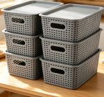 6 Pack Lidded Plastic Storage Baskets, Knit Style Stackable Storage Bins for Desktop Closet Shelf Classroom Playroom Office Sundry Sorting