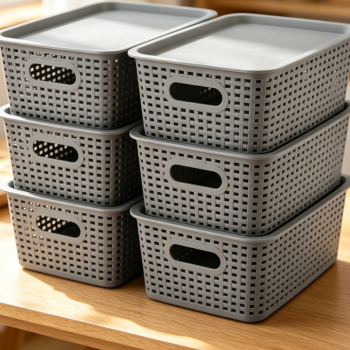 6 Pack Lidded Plastic Storage Baskets, Knit Style Stackable Storage Bins for Desktop Closet Shelf Classroom Playroom Office Sundry Sorting