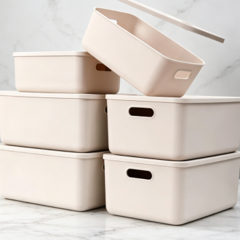 Light Grey Lidded Plastic Storage Bins, 4 Medium+2 Small Knit Style Organizing Baskets for Home Desktop Closet Office Shelf Storage