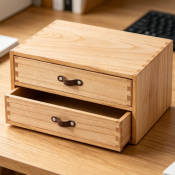 2-Drawer Natural Wooden Desktop Organizer, Tabletop Storage Chest for Office Documents Paper Jewelry Kitchen Counter Sundries