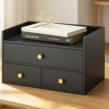 Black 3-Drawer Bamboo Desktop Drawer Organizer, No-assembly Storage Case for Bills Office Goods Kitchen Gadgets Home Classroom Use
