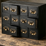 12-Grid Black Wooden Apothecary Drawer Cabinet, Desktop Card Catalog Storage Box Multifunctional Tabletop Sundry Organizer
