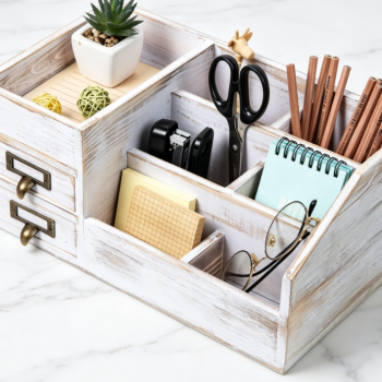Washed White Distressed Wooden Desktop Organizer, 2-Tier Multi-compartment Storage Shelf Drawer Box for Jewelry Display Vanity Desk Use