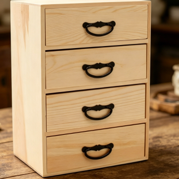 11 Inch 4-Drawer Wooden Desk Storage Chest with Metal Handles, Single Pack Desktop Organizer for Craft Supplies Jewelry Collection