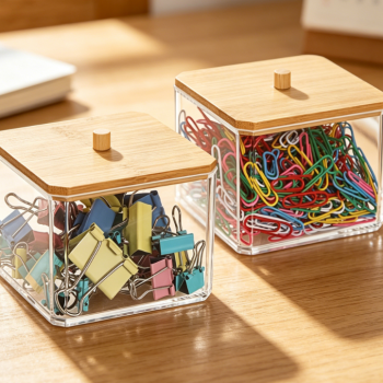 2 Pack Clear Lidded Paper Clip Storage Box, Stackable Acrylic Desktop Organizer Container for Binder Clips Office Sundries Bathroom Small Items