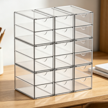 9 Sets Combined 18-Grid Clear Acrylic Drawer Organizer, Stackable Transparent Storage Bins for Stationery Pens Crafts Glasses Office Home Use