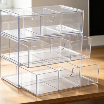 3-Tier Stackable Clear Acrylic Storage Drawers, Removable Divider Design Vanity Organizer for Cotton Swabs Cosmetics Desktop Office Supplies