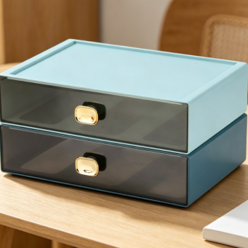 Dual Large Drawer Stackable Desktop Organizer Box, Blue Cyan Plastic Office Desk Storage Drawer for Printer Paper Workspace Home Accessories Arrangement